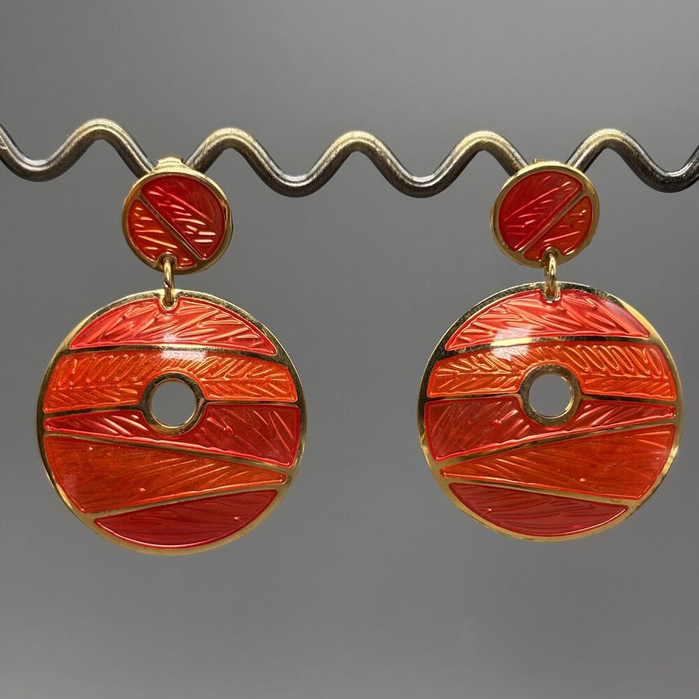 Edgar Berebi Orange Red Enamel Clip On Earrings Gold Tone Round Dangle Statement